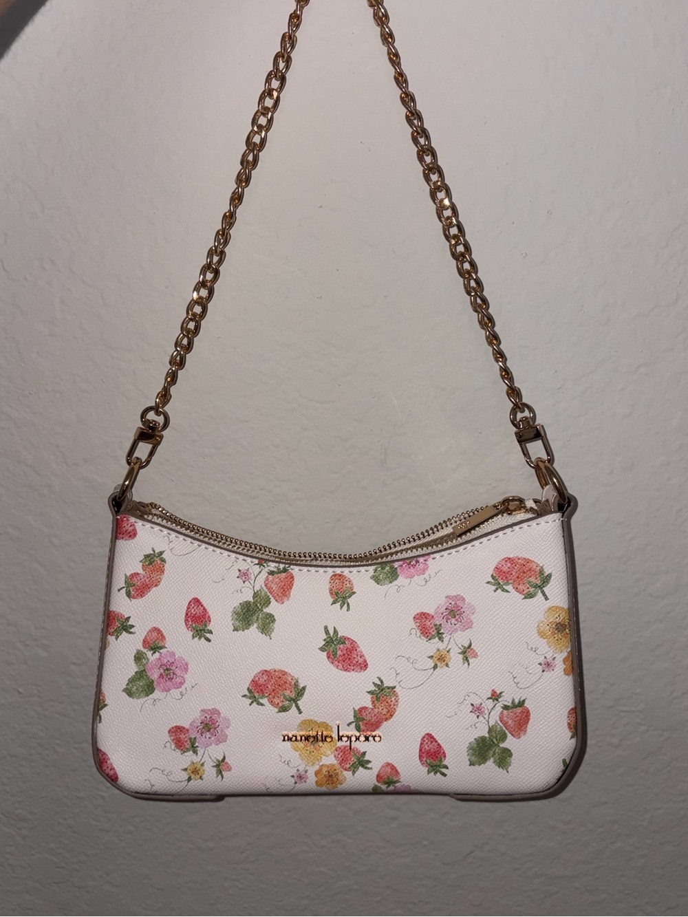 Nanette Lepore White Strawberry & Floral Mini Shoulder Bag with Gold Chain